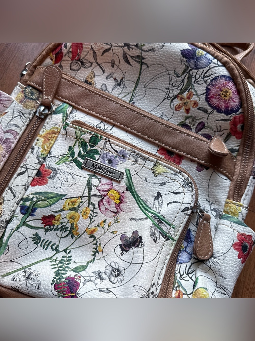 Floral Print White Backpack with Tan Trim by Melie Bianco